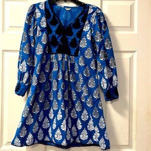 Beautiful vibrant blue white and black embroidered tunic top/ midi dress size S